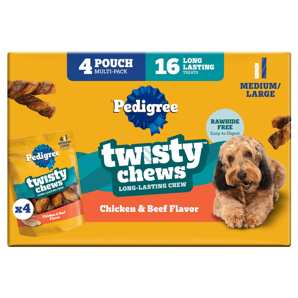 Pedigree paquete frontal Twisty Chews mostrando 16 unidades y beneficio entretenimiento
