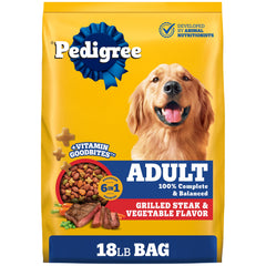Pedigree bolsa frontal 18 lb mostrando fórmula complete nutrition y beneficios