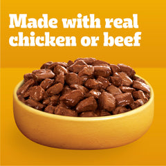 Pedigree pouch next to a scale demonstrating single-serve size