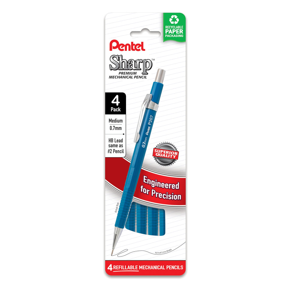 Pentel Sharp pack de cuatro vista frontal mostrando diseño y color azul, ideal para oficina