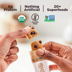 Perfect Bar ingredients spread featuring peanuts, dark chocolate and superfood benefits