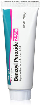 Perrigo gel 2,5% peróxido de benzoilo tubo frente con etiquetado claro y práctico