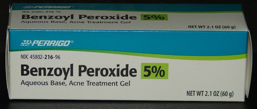 Perrigo gel 5% peróxido de benzoilo tubo frontal que muestra el envase y facil aplicación