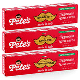 Pete's Pasta empaque frontal mostrando formatos y beneficio bajo en carbohidratos