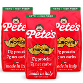 Pete's Pasta empaque frontal mostrando variedad y practicidad