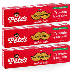 Pete's Pasta empaque frontal mostrando formatos y beneficio bajo en carbohidratos