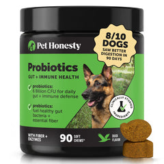 Pet Honesty paquete frontal mostrando 90 unidades y sabor pato, confianza rápida