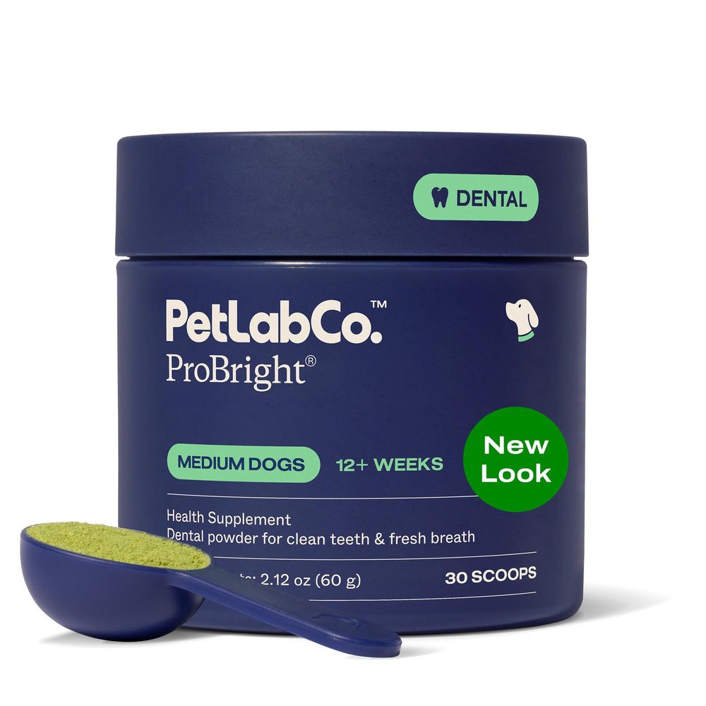 PetLab Co. frontal del envase mostrando dosis diarias y beneficios