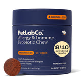 PetLab Co. envase frontal de masticables para alergias mostrando el diseño y cantidad