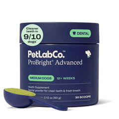 PetLab Co. envase frontal del polvo dental muestra el tamaño y beneficio práctico
