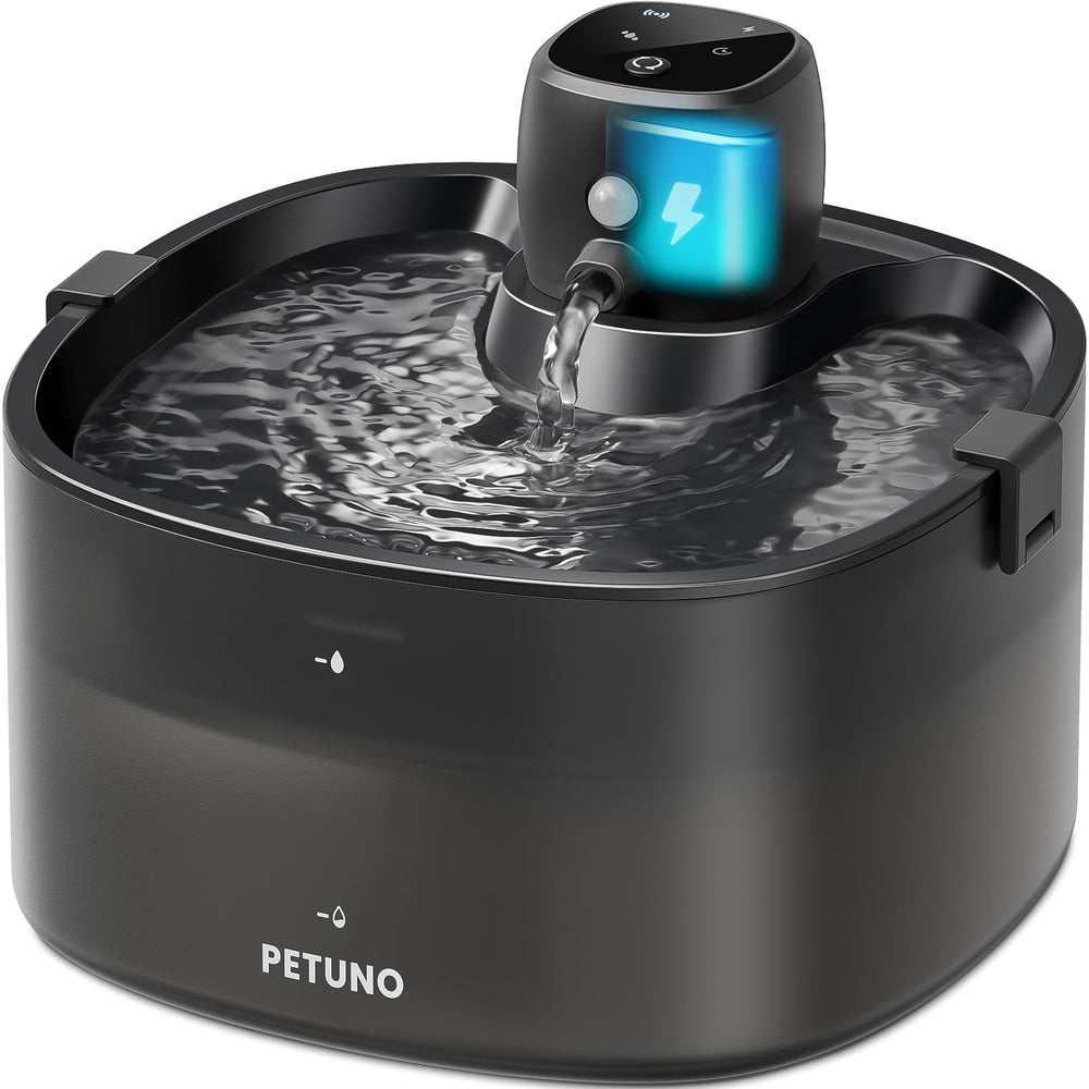 PETUNO fuente frontal negra mostrando diseño y capacidad 2.3L, ventaja: discreción