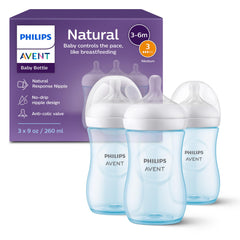 Philips Avent biberón frontal azul mostrando diseño ergonómico y facilidad de sujeción