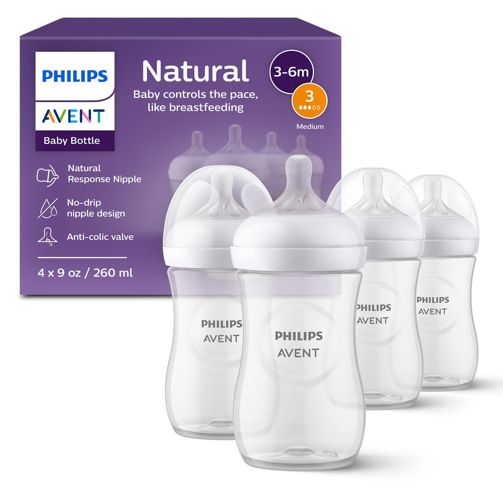 Philips Avent frontal del pack de 4 biberones mostrando capacidad y diseño, comodidad inmediata