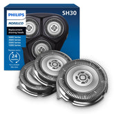 Philips Norelco frente del empaque mostrando pack de tres cabezales y beneficio de rendimiento
