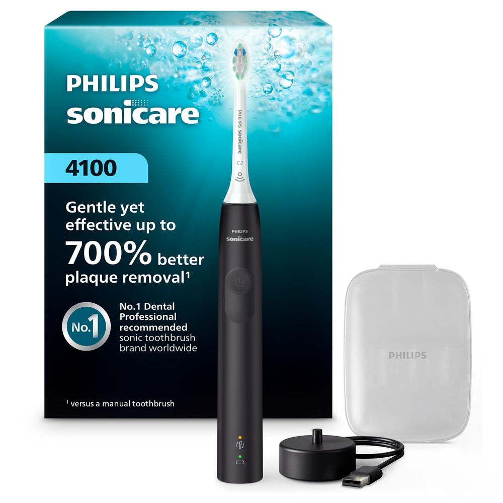 Philips Sonicare 4100 frontal en negro mostrando diseño moderno y beneficio limpieza eficaz