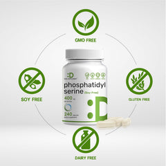 Phosphatidylserine Supplement cápsulas en mano para visualizar tamaño y dosis