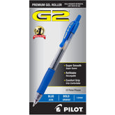 PILOT G2 paquete frontal mostrando 12 bolígrafos azul, ofrece rendimiento consistente