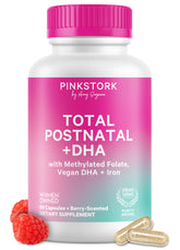 Pink Stork frasco frontal berry mostrando presentación y beneficio posparto