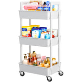 Pipishell vista frontal del carrito blanco con tres niveles, solución compacta de almacenamiento