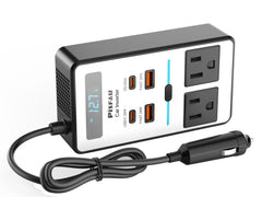 PiSFAU inversor frontal mostrando tomas AC y puertos USB, fácil conexión en coche