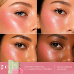 Pixi aplicación en mejilla mostrando rubor natural y luminoso