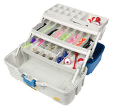 Plano caja frontal 3 bandejas abierta mostrando organización y seguridad
