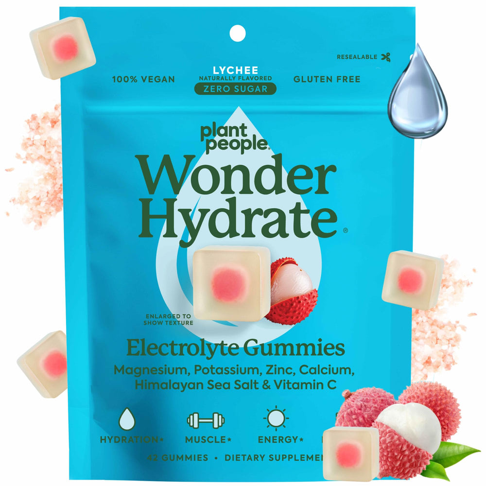 Plant People envase WonderHydrate lychee frente, conveniencia resellable