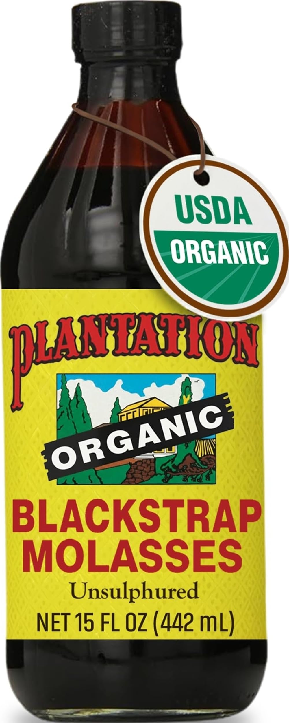 Plantation melaza negra frontal mostrando envase y certificación orgánica