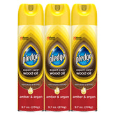 Pledge frasco frontal mostrando tamaño y aroma ámbar y argán, realza muebles