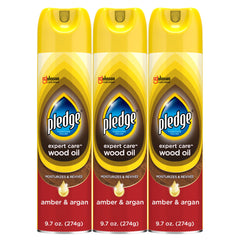 Pledge frasco frontal mostrando tamaño y aroma ámbar y argán, realza muebles
