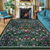 PLHXFR vista frontal de la alfombra floral mostrando color verde oscuro y patrón elegante