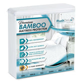 PlushDeluxe vista frontal del protector en empaque mostrando talla Queen y beneficios