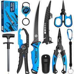 PLUSINNO kit frontal mostrando las siete herramientas, organizado para pesca y portátil