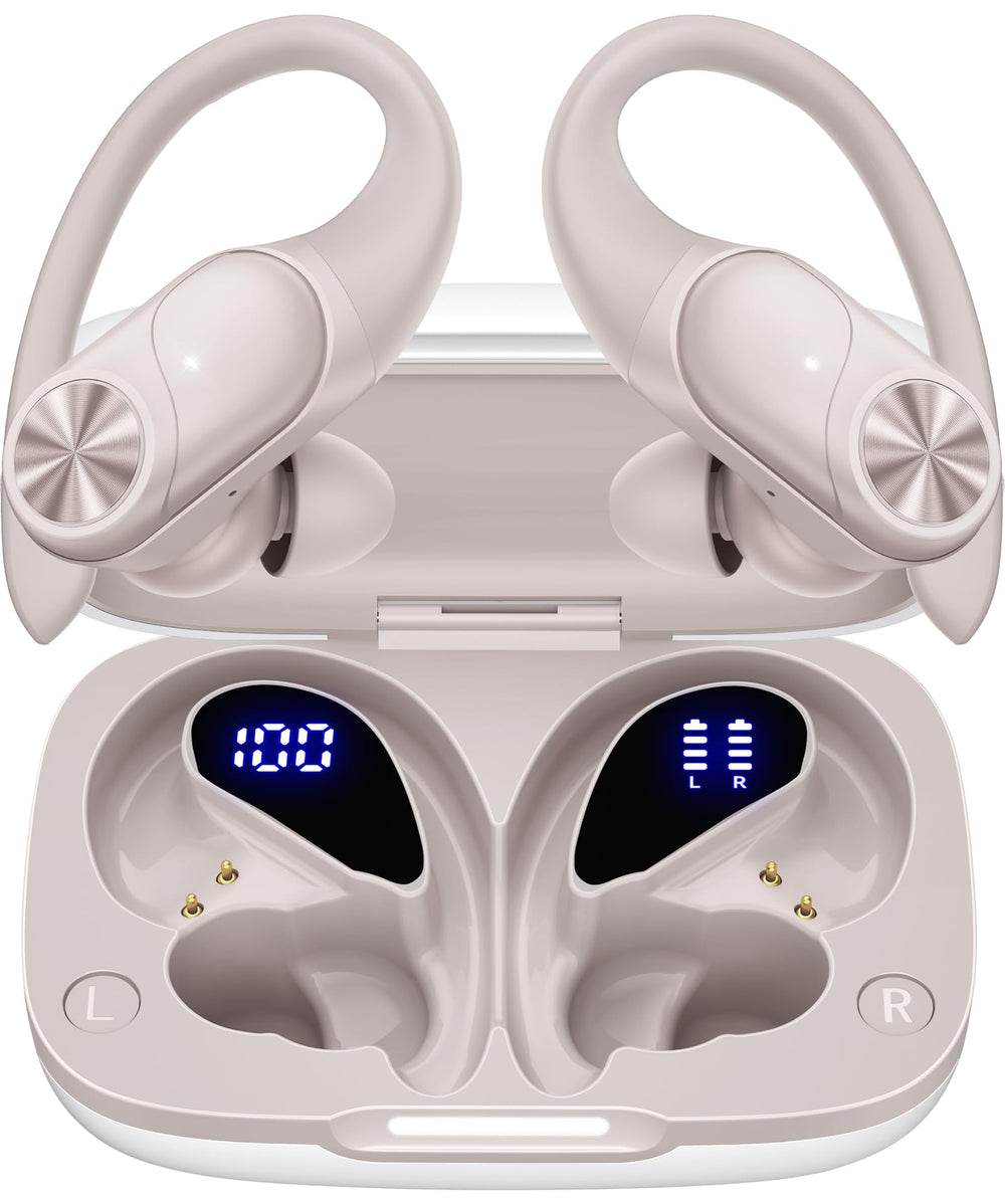 PocBuds vista frontal de los auriculares beige mostrando diseño y acabado deportivo