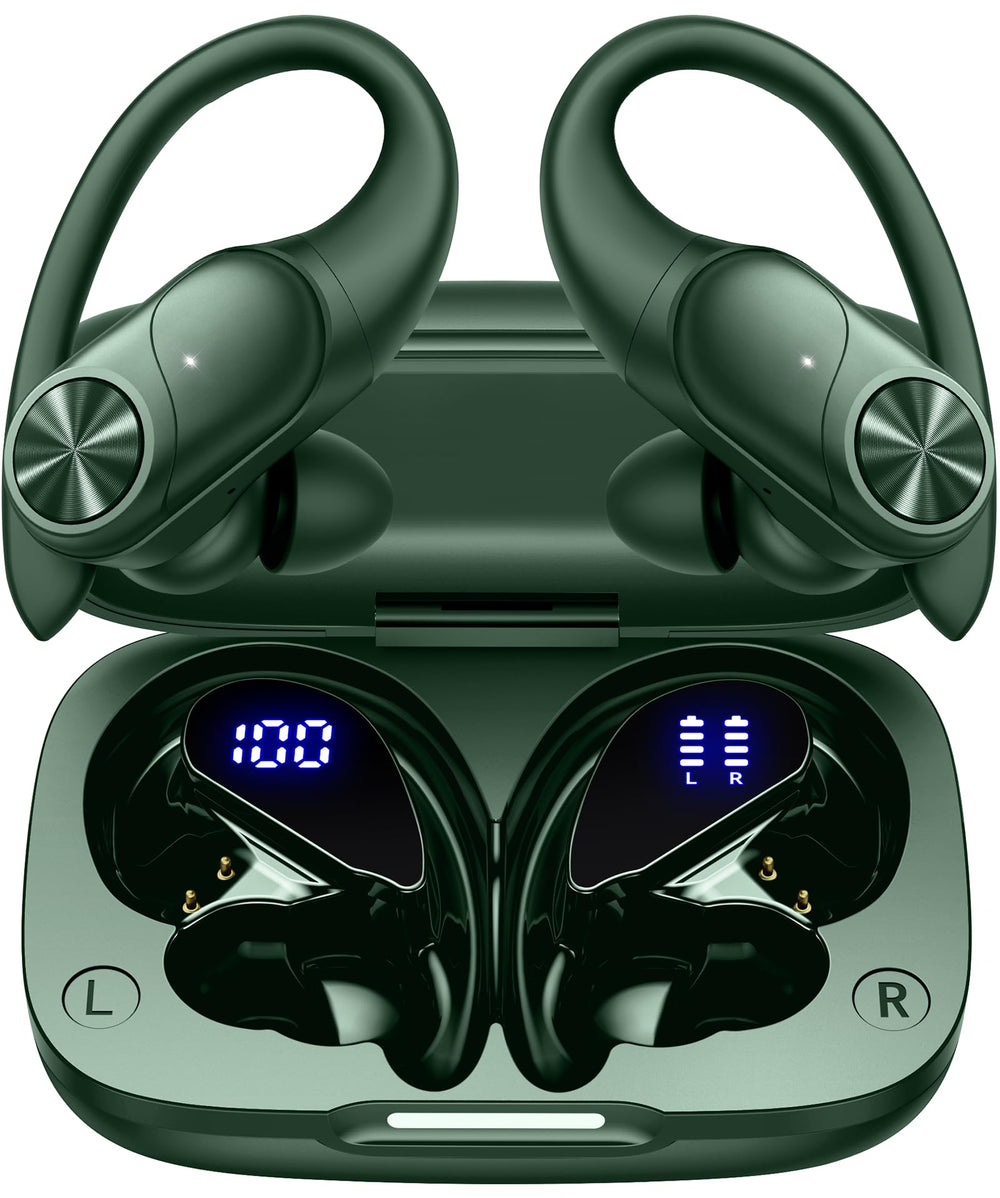 PocBuds vista frontal del auricular oliva mostrando diseño y ajuste seguro