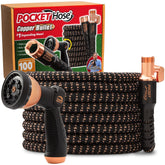 Pocket Hose vista frontal mostrando boquilla Copper Bullet y longitud completa