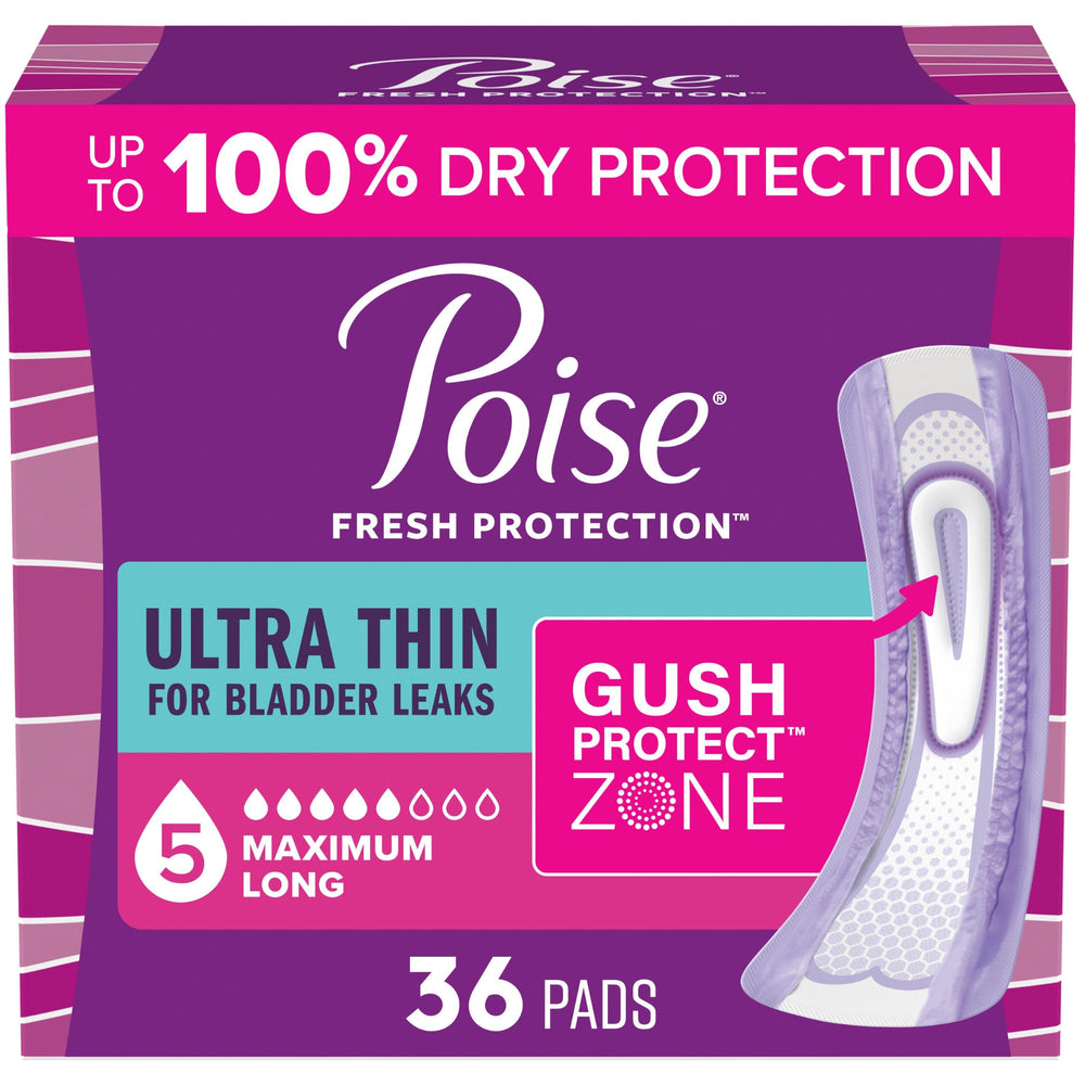 Poise almohadilla frontal del empaque mostrando el conteo y beneficio discreto