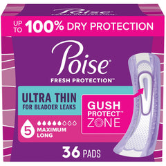 Poise almohadilla frontal del empaque mostrando el conteo y beneficio discreto