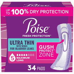 Poise empaque frontal 34 unidades mostrando absorción máxima y tamaño largo