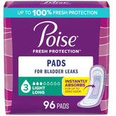 Poise front packaging long 96ct showing product and quantity for convenience