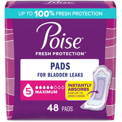 Poise frontal empaque mostrando 48 almohadillas y beneficio de absorción