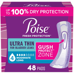 Poise empaque frontal mostrando 48 compresas y beneficio de protección discreta