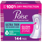 Poise paquete frontal mostrando 144 toallas y beneficio de protección discreta