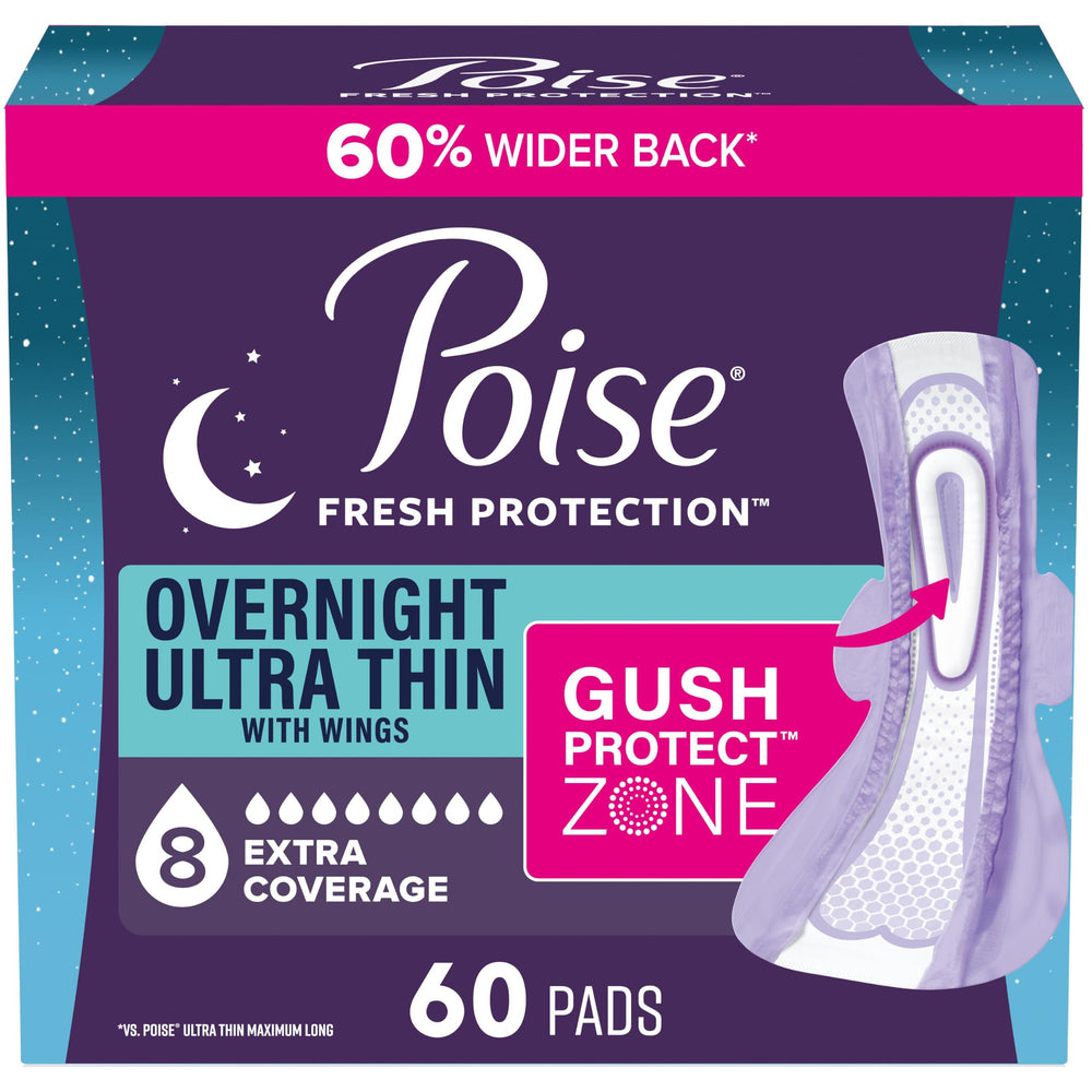 Poise paquete frontal overnight 60 unidades mostrando protección nocturna