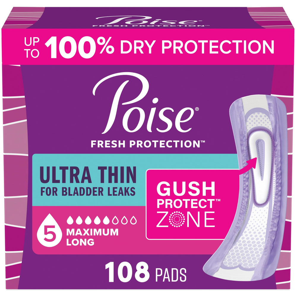 Poise paquete frontal mostrando 108 almohadillas y conveniencia diaria