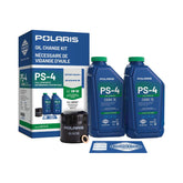 Polaris kit frontal mostrando aceite, filtro y arandela para mantenimiento rápido