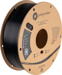 Polymaker vista frontal del paquete con filamento negro, presentación profesional y protección
