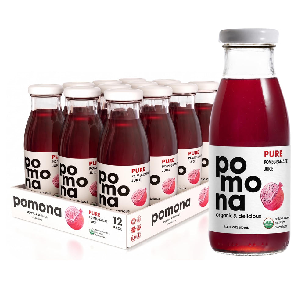Pomona Organic Juices botella frontal de granada mostrando etiqueta y vidrio