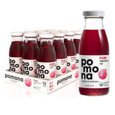 Pomona Organic Juices botella frontal de granada mostrando etiqueta y vidrio
