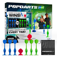 Popdarts paquete frontal mostrando dardos y marcador, ideal para partidas rápidas